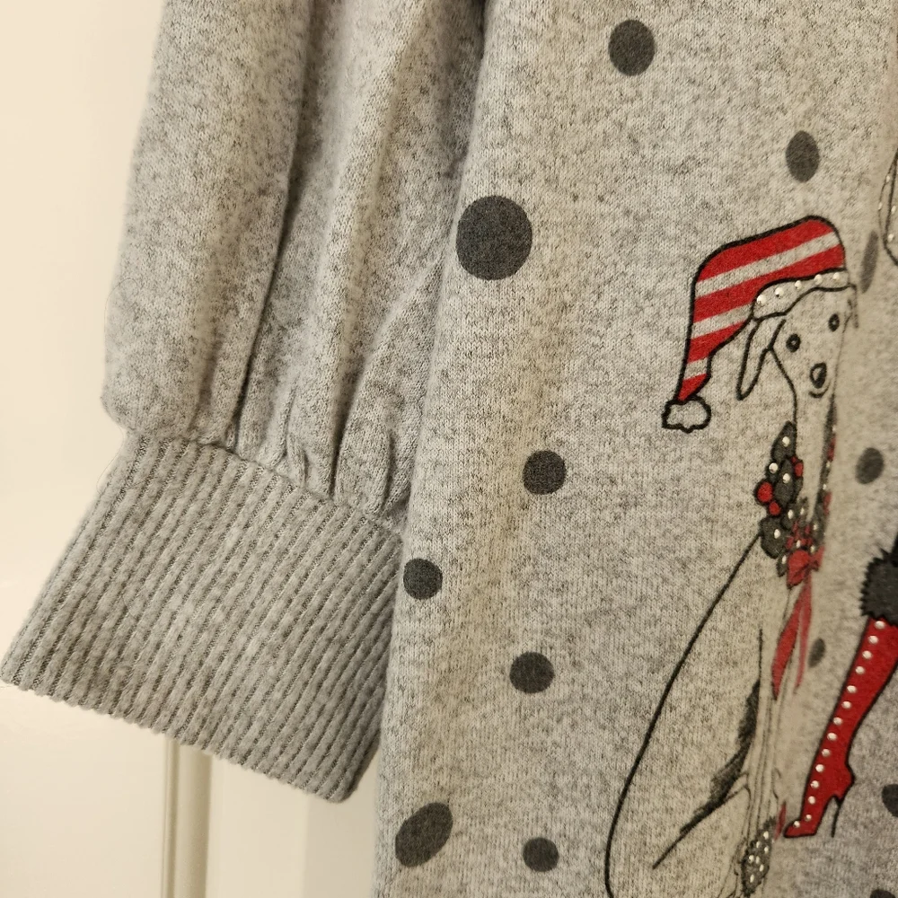 Holiday Sweater Girl & Dog Polka Dots Gray Studs Studded Whimsical Glam - Picture 9 of 16